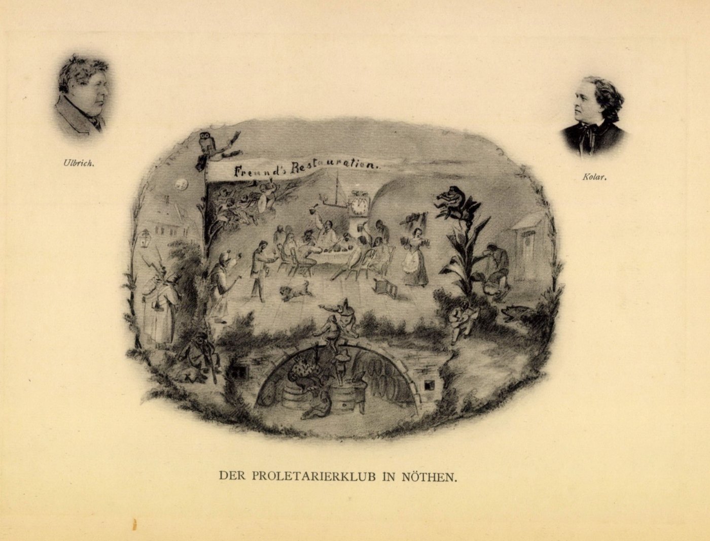 Kolorierte Wirtshausszene: Schlaraffen um einen Tisch unter dem Schild von Freund’s Restauration, oben links ein Uhu auf einem Ast, an den Rändern zwei Porträtmedaillons